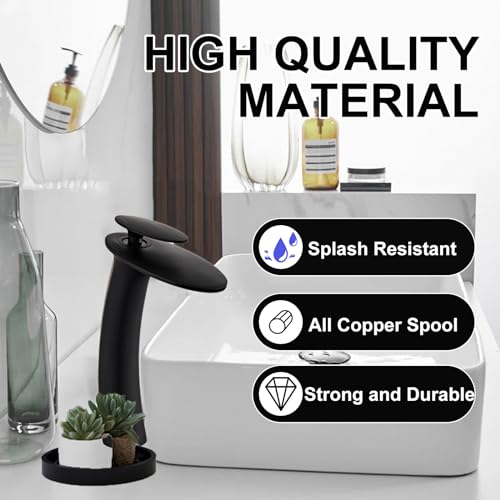 Matte Black Waterfall Bathroom Faucet Tall Body and Pop Up Drain - color: Matte Black, size: Tall Body