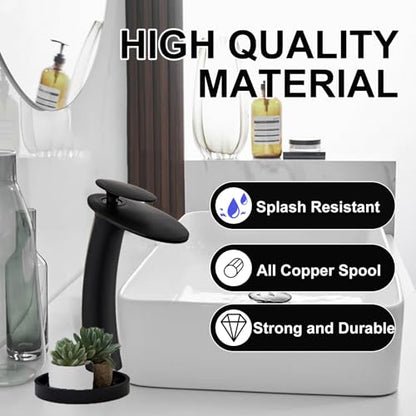 Matte Black Waterfall Bathroom Faucet Tall Body and Pop Up Drain - color: Matte Black, size: Tall Body