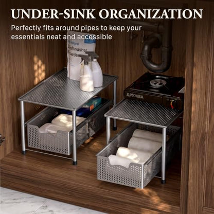 Simple Houseware Stackable Under Sink Sliding Basket Drawer, Silver | Perforated Free Standing Organizer, Kitchen/Pantry/Cabinet/Counter - color: Silver