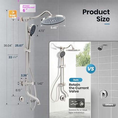 Rainshower Head with Handheld Spray, Retrofit Shower System | Solid Brass Connecter, High Pressure Shower Head with Adjustable Holder& Tub Spout, 60" Stainless Steel Hose, Brushed Nickel