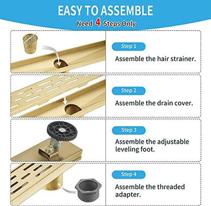 Linear Shower Drain, Brushed Gold Shower Drain 32 Inch with Removable Grate, SUS-304 Stainless Steel Rectangle Floor Drain with Leveling Feet and Hair Strainer, Bathroom Modern Drain SD-101 - color: Brushed Gold, size: 32 Inch