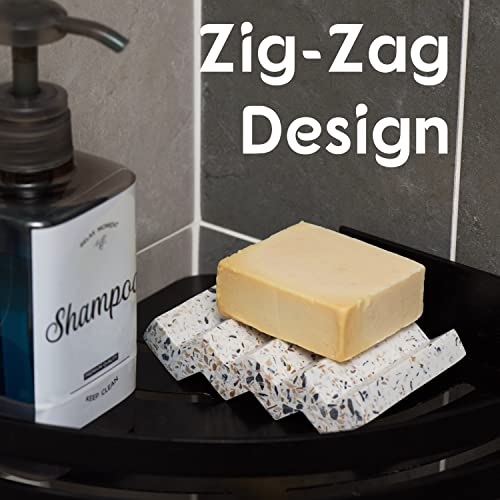 Tapeera Zig Zag Terrazzo Self Draining Soap Dish for Shower - Concrete Soap Saver for Bar Soap Holder - Sponge Holder - Kitchen Soap Tray (White) - color: White