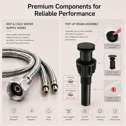 VOTON Vessel Sink Faucet Matte Black Modern Tall Waterfall Bathroom Sink Faucet with Pop-Up Drain Single Handle Bathroom Faucet 1 Hole Bowl Lavatory Vanity Faucet, Rv Sink Camper Farmhouse Faucet - color: Matte Black, size: Tall