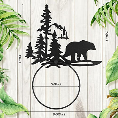 Funrous Bear Towel Holder for Bathroom Matte Black Metal Hand Towel Holder | Rustic Forest Bear Cub Decorative Bath, Toilet Wall Mounted Ring, Hanging Hand Cloth, Round Washcloth Rack Home Kitchen - style: Bear
