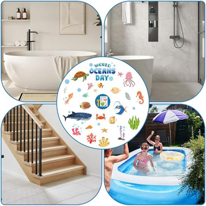 Pratique Non Slip Bathtub Stickers, 6 Pages World Ocean Day | Sea Organism Adhesive, Kids Anti Slip Decal Threads, Shower Floor and Bath Tub Decals, Premium Scraper - color: Ocean Day