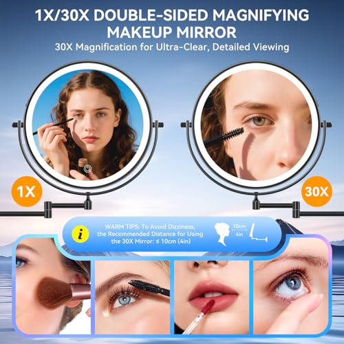 Auxmir 9″ 5000mAh 1X/30X Wall Mounted Lighted Magnifying Makeup Mirror | Power Adapter&2 Tweezers Included/ 3 Dimmable Colors/ Dual Sided Button Control/ Rechargeable/ 360° Rotation Extended Arm - color: 9'' 30x-black+adapter