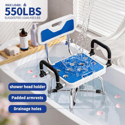 360° Swivel Shower Chair, 500 lbs Capacity, Height Adjustable | Swivel Shower Chair with Arms and Backrest for Elderly, Disabled or Bariatric Adults, for Shower & Bathtub Seat