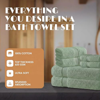 White Classic Mint Green Bath Towel Set of 6-100% Cotton Highly Absorbent Towels for Bathroom, 2 Luxury Bath Towels 650GSM, 2 Hand Towels, 2 Washcloths - color: Mint Green