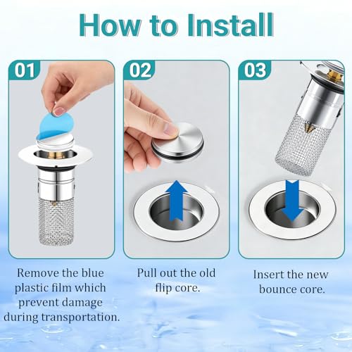 Bathroom Sink Drain Strainer Pop-Up Sink Stopper, Silver, 2Pcs | Hair Catcher Anti-Clog with Removable Stainless Steel Filter Basket, Universal for US Standard Drain Stopper Replacement