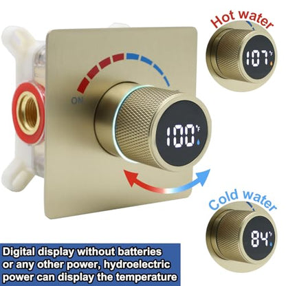 Temperature Display Shower Valve with Wall Mounted Waterfall Tub Faucet Kit Waterfall Tub Spout One Way Shower Deliver Valve - color: Brushed Gold, style: Adjustable bathtub faucet