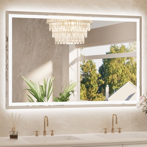 55 x 36 Inch Led Lighted Mirror for Bathroom Wall, Extra-Bright Beveled Bathroom Vanity Frontlit & Backlit Frameless Mirror with 3-Color Lights, Defogging, Tempered Glass, Waterproof - size: 36"L x 55"W