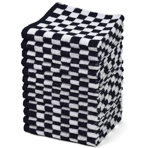 Washcloths 12 Pack Checkered - Wash Cloths for Showering (13"x13") in Black | Multi-Purpose Bathroom Face Cloths, Soft and Quick Dry - color: Black
