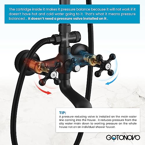 gotonovo Exposed Shower Faucet with Spout Matte Black,Straight Pipe | Brass Bathroom Exposed Shower System,8’’ Rain Head,Swivel Tub Spout 2 Cross Handle,Adjustable Handheld Sprayer,Wall Mount - color: Black