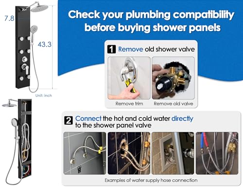 ROVOGO Shower Panel Tower System With Height Adjustable Shower Head, Black | Self-Cleaning Rain Shower and Handheld, 6 Body Jets, Brass Shower Arm and Valves, Stainless Steel Shower Column 43.3 inch - color: Black Panel+Chrome Fixtures