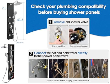 ROVOGO Shower Panel Tower System With Height Adjustable Shower Head, Black | Self-Cleaning Rain Shower and Handheld, 6 Body Jets, Brass Shower Arm and Valves, Stainless Steel Shower Column 43.3 inch - color: Black Panel+Chrome Fixtures