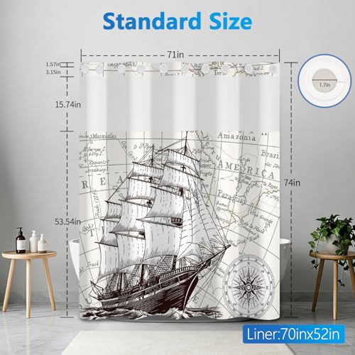 Nautical Shower Curtains for Bathroom, Retro Sailboat No Hook Shower Curtain with Snap in Liner and Sheer Top Window, Easy to Install Waterproof Fabric Shower Curtains with Weighted Hem, 71x74 Inches - color: Sailboat