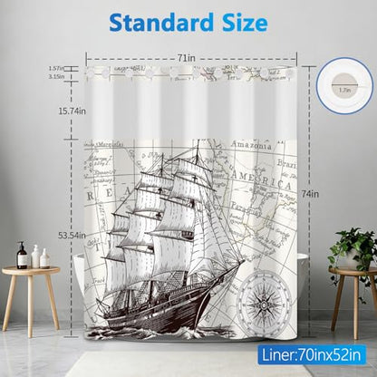 Nautical Shower Curtains for Bathroom, Retro Sailboat No Hook Shower Curtain with Snap in Liner and Sheer Top Window, Easy to Install Waterproof Fabric Shower Curtains with Weighted Hem, 71x74 Inches - color: Sailboat