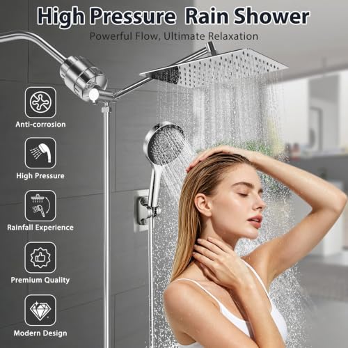 10" Shower Head with Handheld, Rain Shower Head with Filter Combe Set | High Pressure; 3 Modes Sprayer; Filtered Shower for Hard Water,Families, Pets; Adjustable Height & Angle; Easy Install;Chrome