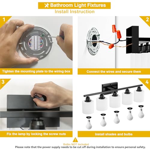 5-Light Bathroom Light Fixtures Over Mirror, Matte Black Vanity Lights, Modern Bathroom Vanity Light, Glass Shade & Anti-Rust Nickel Finished, Bathroom Light for Small Space - color: Black-5 Light
