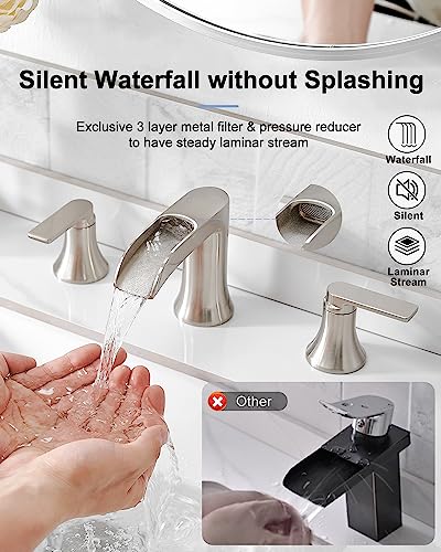 Brushed Nickel Widespread Bathroom Faucet, 2 Handles Waterfall Faucet, Bathroom Faucets for Sink 3 Hole, 8 Inch Solid Brass Bathroom Sink Faucets for Vanity Lavatory Restroom with Pop Up Drain - color: Brushed Nickel, style: WITH Pop Up Drain