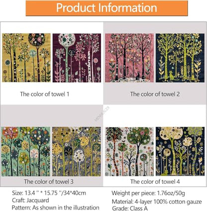 100% Cotton Face Towels Reusable Hand Towels for Bathroom Set with Hanging Loops Quick Dry Turkish Hand Towels Set Double-Faced Jacquard 4ply Cotton Gauze,4PC,13.4"x15.7" - color: 3