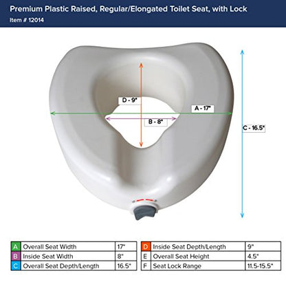 Drive Medical 12014 Premium Raised Toilet Seat with Lock, Elongated, White | Raised Toilet Seat Includes Lock for Secure, Comfortable Everyday Bathroom Support, Elongated Seat Design