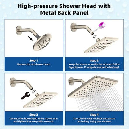 Hibbent cUPC Certified Thickness Metal 6'' Rain Shower Head, Brushed Nickel | High Pressure Shower Head, Bathroom Waterfall Shower Heads, High Flow Fixed Showerheads with Adjustable Brass Ball Joint - color: Brushed Nickel, style: Square 6''