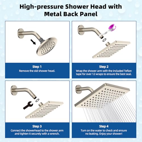 Hibbent cUPC Certified Thickness Metal 6'' Rain Shower Head, Brushed Nickel | High Pressure Shower Head, Bathroom Waterfall Shower Heads, High Flow Fixed Showerheads with Adjustable Brass Ball Joint - color: Brushed Nickel, style: Square 6''