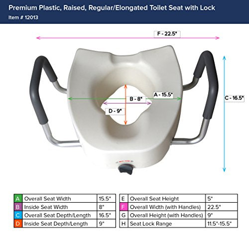 Drive Medical Premium Plastic Raised Toilet Seat with Lock, Elongated | Raised Toilet Seat Includes Lock and Padded Armrests for Comfortable Everyday Bathroom Support, Elongated