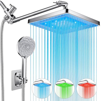 8" LED Rain Shower Head with 11" Extension Arm and 7 Spray Handheld | High-Pressure Dual Rain Shower Head Combo, Rainfall LED Shower Head Water Temperature Controlled Color Changing,Chrome - color: Chrome, size: 8'' LED Combo Showerhead Set