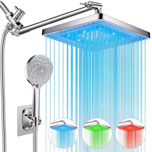 8" LED Rain Shower Head with 11" Extension Arm and 7 Spray Handheld | High-Pressure Dual Rain Shower Head Combo, Rainfall LED Shower Head Water Temperature Controlled Color Changing,Chrome - color: Chrome, size: 8'' LED Combo Showerhead Set