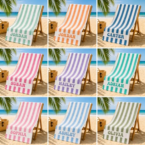 Personalized Striped Beach Towel with Custom Name, Quick Dry Microfiber Towel for Kids & Adults, Soft Pool & Swim Gift