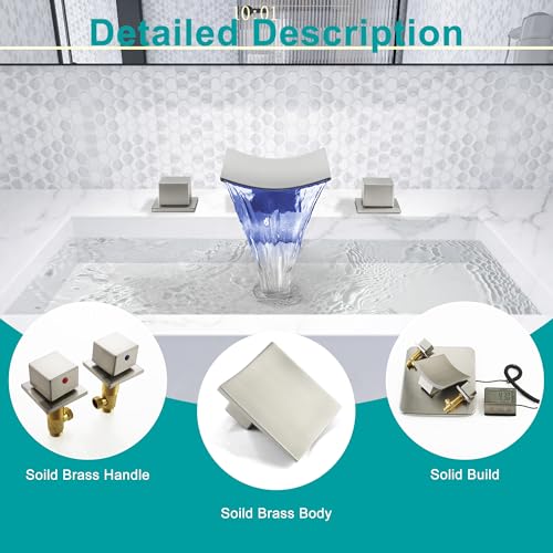 SKOWLL Brushed Nickel Bathroom Faucet, 8 Widespread LED Waterfall Faucets 3 Hole, Modern Vanity Sink Faucets, 2 Handle Deck Mount - color: Brushed Nickel