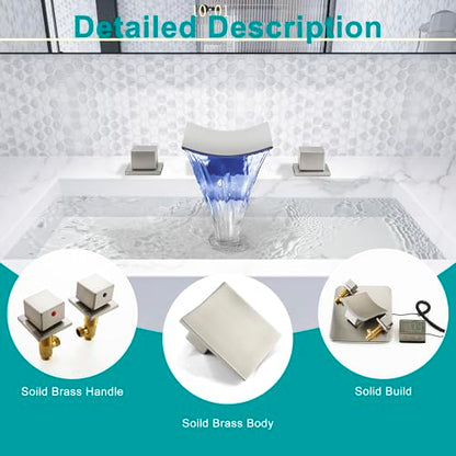 SKOWLL Brushed Nickel Bathroom Faucet, 8 Widespread LED Waterfall Faucets 3 Hole, Modern Vanity Sink Faucets, 2 Handle Deck Mount - color: Brushed Nickel