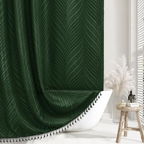 Siiluminisoy Long Shower Curtain Dark Green 78 Inch Shower Curtain Boho Woven Fabric Tufted Leaves Textured Shower Curtains for Bathroom - color: Dark Green L, size: 72"W x 78"L (Pack of 1)