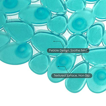 WELTRXE Non Slip Bath Mat Pebbles Bathtub Mat with Suction Cups, Drain Holes for Bathroom Showers, Tub, 35 x 16 Inches Machine Washable Bathroom Mats BPA, Latex Free Safe Shower Mats - Teal - color: Pebbles-clear Teal, size: 35" x 16" (Rectangular)