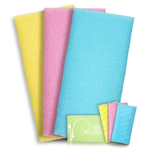 Exfoliating Washcloth Back Scrubber, 3 Pack | Japanese Beauty Washcloth, Back Scrubber for Daily Use, Textured Poly Nylon Body, Smoother-Looking Skin, Quick-Dry - style: Blue + Yellow + Pink