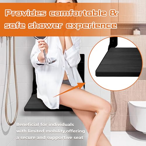 Teak Shower Bench, Folding Shower Chair Wall Mounted, Wood Folding Shower Seat, Teak Shower Bench for Inside Shower, 20 Inch Wide, 500 lbs Capacity (All Black, 20'' W x 16'' D x 20'' H) - color: All Black