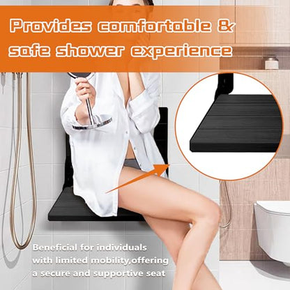 Teak Shower Bench, Folding Shower Chair Wall Mounted, Wood Folding Shower Seat, Teak Shower Bench for Inside Shower, 20 Inch Wide, 500 lbs Capacity (All Black, 20'' W x 16'' D x 20'' H) - color: All Black