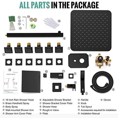 Waist Massage Spray Shower System with 6 Body Jets and Tub Spout, 16'' Full Body Bathtub Shower System with Shower Jet, Wall Mounted Rain Shower and Handheld Shower Faucet Set Complete, Matte Black - color: Matte Black, style: 16"-4 Function