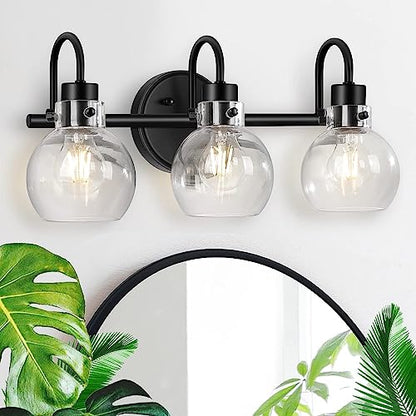 Bathroom Light Fixtures, Black 3 Lights Vanity Light, Farmhouse Wall Sconces with Globe Glass Shade, Porch Wall Mount Lamp for Mirror, Kitchen, Porch Living Room Workshop (E26 Base) | Farmhouse Wall Sconces with Clear Globe Glass Shade, Wall Mount Lamp fo