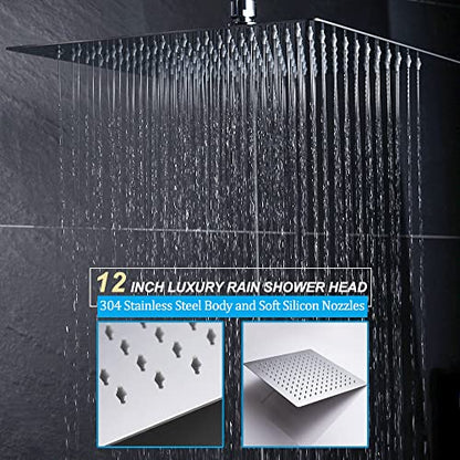 Full Body Shower System with 4PCS Body Jets Thermostatic 12 Inch Wall Mounted Shower Faucet Set Fixtures Complete with Valve Kit, Can Use All Function At Once Chrome - color: Chrome