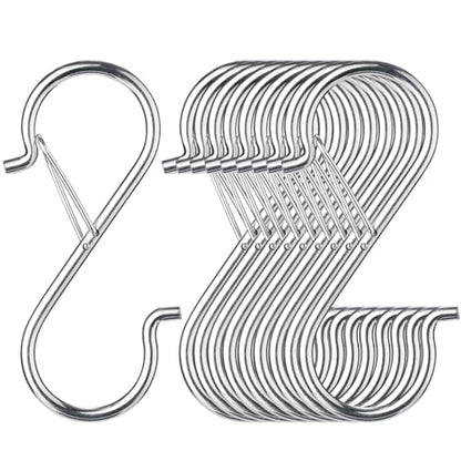 12 PCS S Hooks for Hanging with Safety Buckle, Heavy Duty Metal S Hooks | 3.5 inch S Shaped Hanger Hooks for Hanging Kitchen Utensil, Cups Pots Pan Closet Plants Purse Bags Hats (Silver) - color: Silver