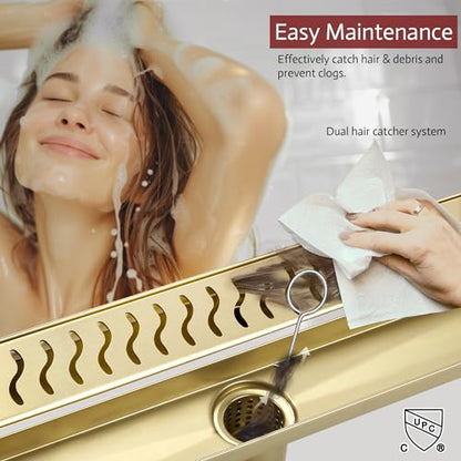 Linear Shower Drain, 36 inch Brushed Gold | Including Hair Catcher and Removable Grate, 304 Stainless Steel, Easy to Install and Clean (Drain Base Not Included) - color: Brushed Gold, size: 36 inch
