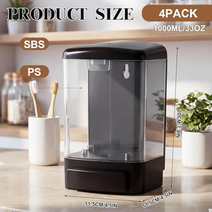 Hushee 4 Pcs Plastic Wall Mounted Soap Dispenser Commercial Manual Soap Containers Wall Dispenser for Kitchen Shower Hotel Liquid Shampoo Gel Chamber(33.8 oz 1000 ml,Clear) - color: Clear, size: 33.8 oz 1000 ml