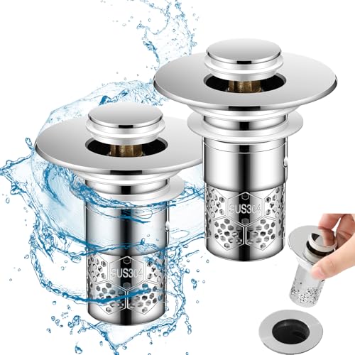 Pop Up Bathroom Sink Stopper, 2Pcs Bathroom Sink Drain Strainer with Removable Stainless Steel Filter Basket Hair Catcher, for US Universal Bathroom Kitchen Basin Sink Stopper Replacement
