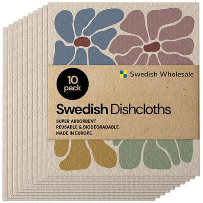 Swedish Wholesale Dishcloths Reusable 8" x 7" Sponge Cloths, Bulk 10 Pack of High Absorbent Cellulose Dish & Kitchen Cleaning Hand Towels, Wring to Dry & Machine Wash, Odor Resistant, Retro Flower - color: Retro Flower