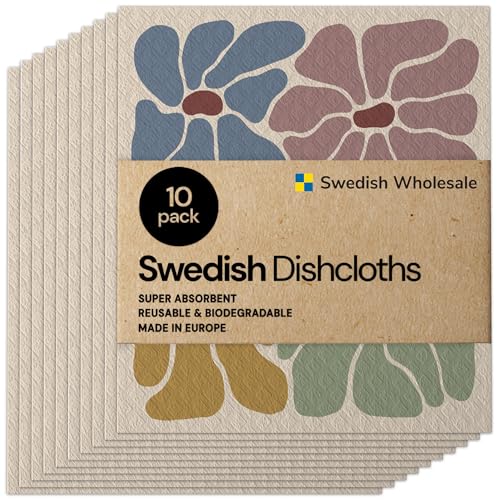 Swedish Wholesale Dishcloths Reusable 8" x 7" Sponge Cloths, Bulk 10 Pack of High Absorbent Cellulose Dish & Kitchen Cleaning Hand Towels, Wring to Dry & Machine Wash, Odor Resistant, Retro Flower - color: Retro Flower