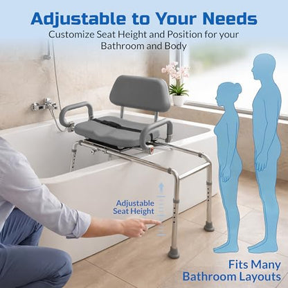 Carousel Sliding Shower Chair Tub Transfer Bench with Swivel Seat Elderly | Slide Safely In & Out of the Tub - Gray, padded seat, padded armrests, swivel seat, backrest, portable, tool-free assembly - color: Gray