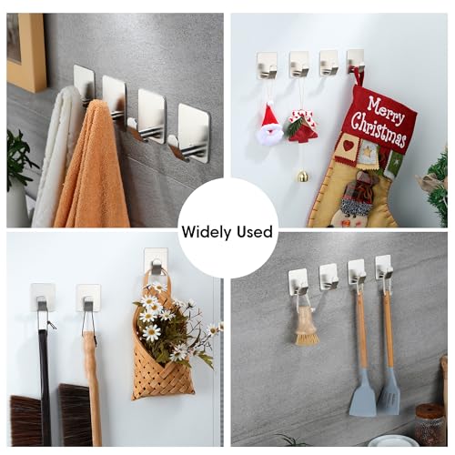 YIGII Towel Hooks no Damage Wall Surface, Adhesive Wall Hook for Kitchen and Bathroom, Stainless Steel Waterproof, 4 Pack Sticky Hooks, Silver